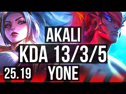 AKALI vs YONE (TOP) | 13/3/5, Dominating | KR Challenger | 25.19