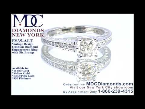 ES35-ALT Cushion Diamond Vintage Engagement Ring pave diamond tapered band by MDC Diamonds