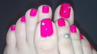 Hot Pink Crystal Pedicure Nail Art at Home- Easy Toe Nail Art Tutorial | Rose Pearl
