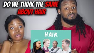 AMERICAN COUPLE REACTS "Black And White People Answer The Same Questions About Hair"