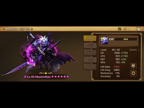 Summoners War - Maximilian (Dark Weapon Master) DMG Showcase - RTA & Arena - The Master of Debuffs
