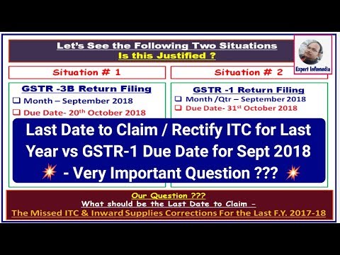 Last Date (GSTR 3B- 20 Oct 2018) to Rectify/Claim ITC of Last Year v/s GSTR- 1 Due Date for Sep 2018