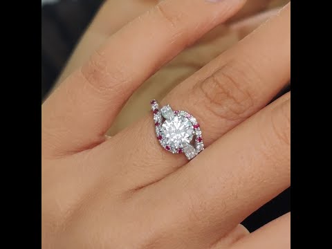 Swirl Halo Simple Lab Diamond Engagement Ring With Ruby In 18K White Gold - FDENS2232ROR