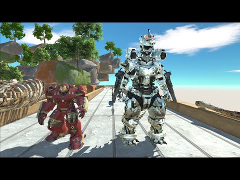 HULK BUSTER AND MECHA GODZILLA RAGDOLL DEATH RUN - Animal Revolt Battle Simulator