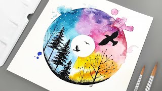 Easy Watercolor Circle Landscape | Simple Silhouette Painting for Beginners