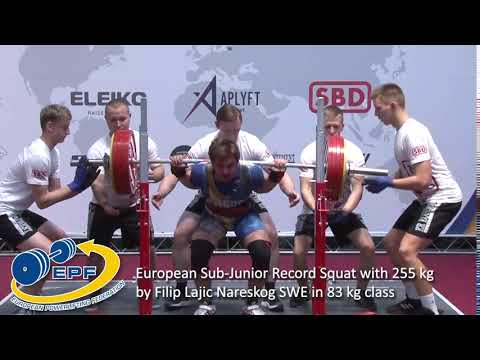 European Sub-Junior Record Squat with 255 kg by Filip Lajic Nareskog SWE in 83 kg class
