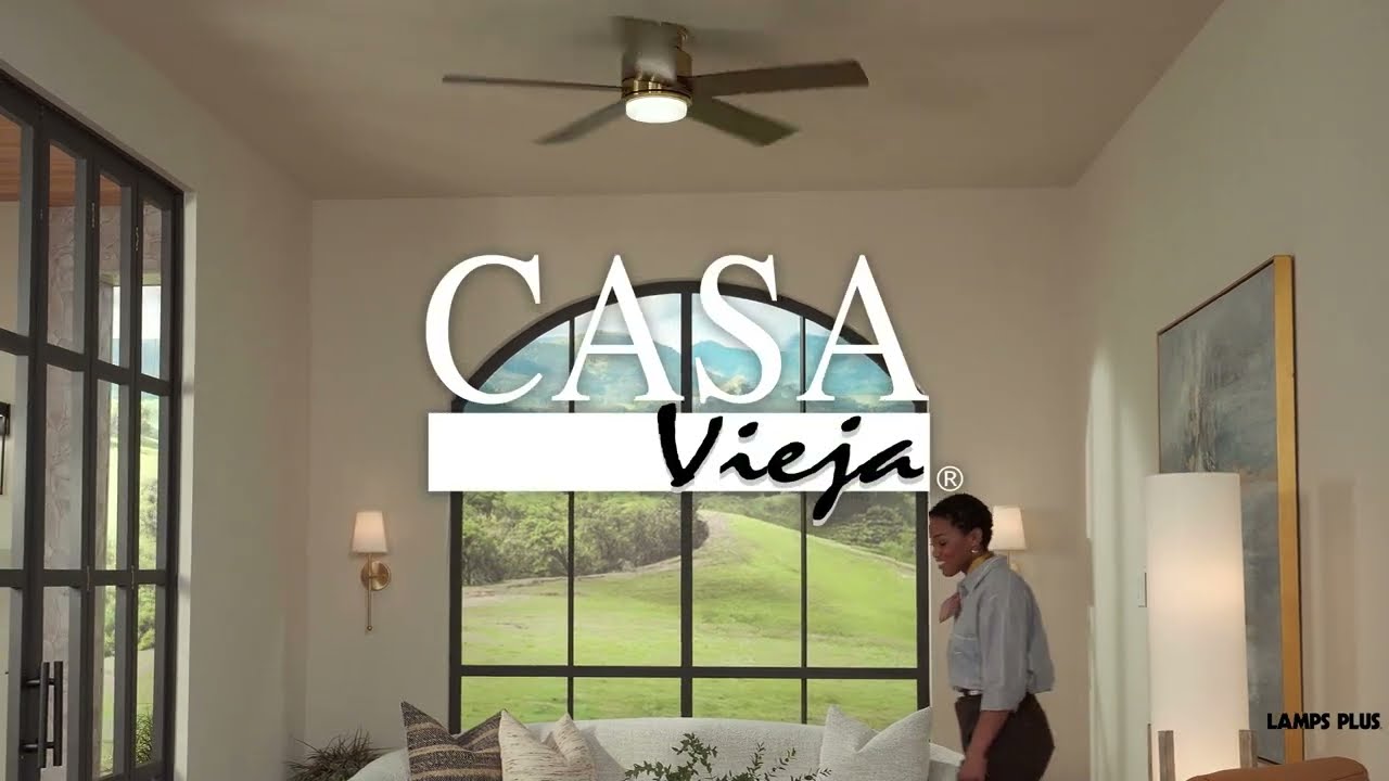 Video1 of 52" Casa Vieja Grand Palm Soft Brass LED Damp Rated Hugger Fan