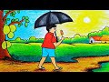How To Draw A Boy With Umbrella And Ice Cream|Summer Season Village Scenery Drawing Easy