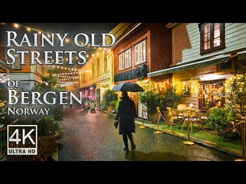 Rainy Old Streets of Bergen | Atmospheric 4K Walking Tour | Binaural Audio for Relaxation