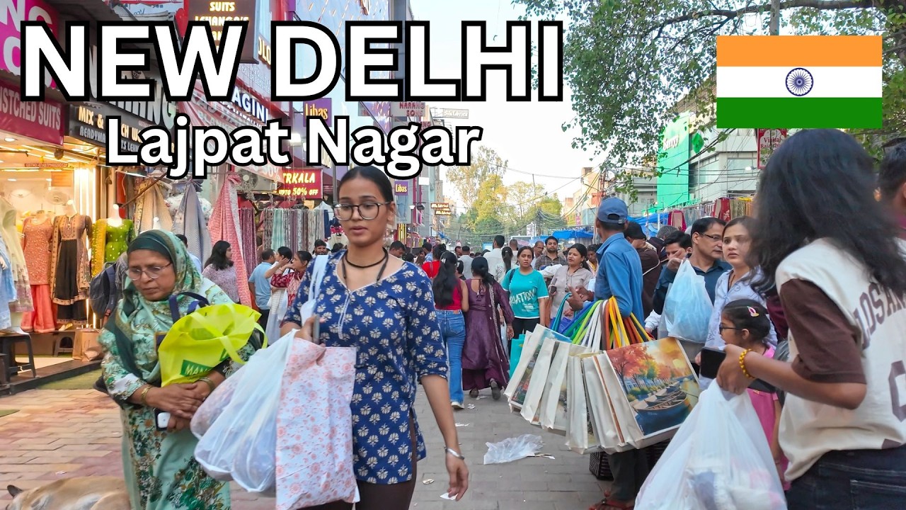 Immersive street-level walking tour through Lajpat Nagar Market, India, showcasing authentic urban landscapes, local architecture, and the vibrant atmosphere of the city's neighborhoods