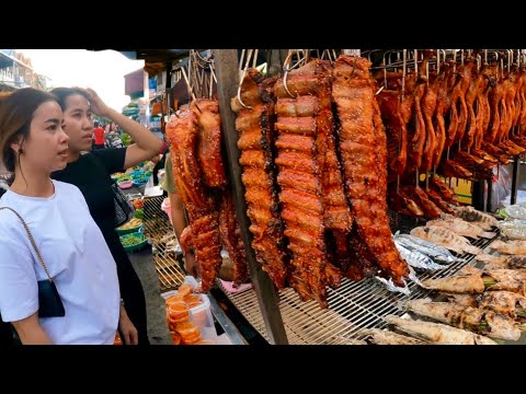 Cambodian street food @ Olympic Market in Phnom Penh | Tasty Yummy Roasted Duck, Pork Ribs, Fish