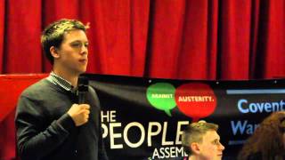 Owen Jones speaks at The Peoples Assembly meeting Coventry 6th March 2014.