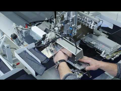 Sewing machine with automatic loading and feeding device for overlapping welt pockets &quot;in a frame&quot; and &quot;in a leaf&quot; with or without a valve, inclined and straight BASS 3504 T / J ASS (premium version) video
