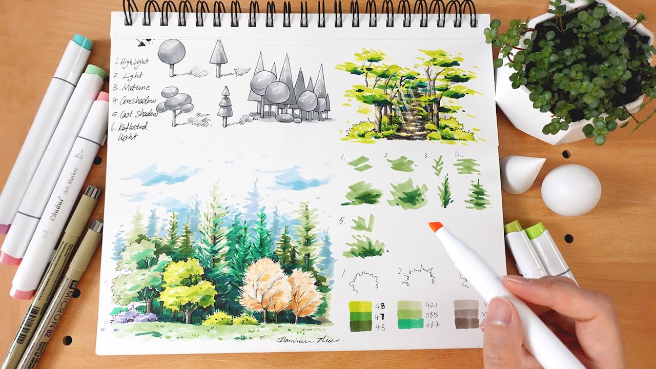 How to Draw a Forest/Wooded Scene with Markers | Tutorial