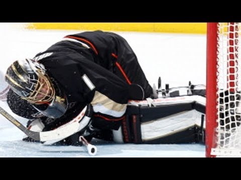 Jonas Hiller dives to make a phenomenal save