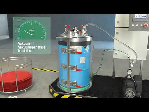 Diese Animation zeigt die manuelle Fassabfüllung mit der Maschine TAVA 200 F.
Das Vakuum im Spannfass ermöglicht ein Vakuum im Gebinde zu erzeugen und so verschiedenste Materialien - vor allem hochviskose Stoffe - blasenfrei (ohne Lufteinschlüsse) abzufüllen.
Die TAVA kann für viele Fassgrößen angefertigt werden. Für weitere Informationen schreiben Sie uns eine Mail an info@tartler.com