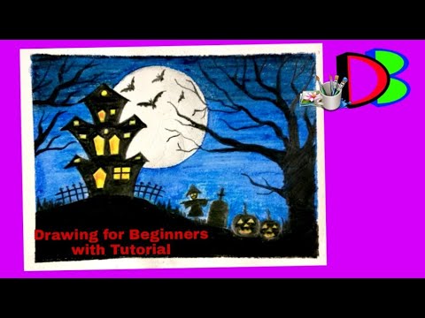 Halloween special haunted house Drawing | Step by step Drawing of a scary house | halloween Drawing Video