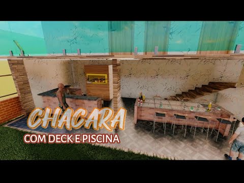 LINDO PROJETO CASA DE CHACARÁ _DECK _EM TERRONO 28 X 60 COM CHURRASQUEIRA E PISCINA #arquitetura