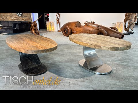 Esstisch Sky Island - Ovaler Massivholztisch mit Surfbrettgestell in Edelstahl oder Rohstahl