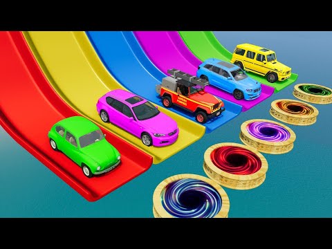 Funny Cars vs. Slide Color with Evolution Portal Trap Long Truck