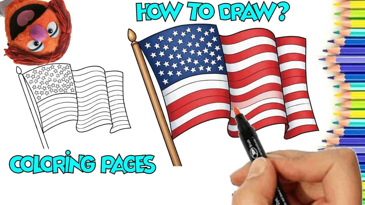 3D - American Flag Drawing (Step by Step) -  American Flag Coloring Pages ( PDF Download )