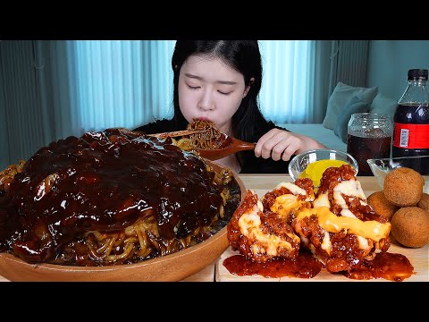 ASMR MUKBANG | Moving Day 🏠 Jjajangmyeon (Black Bean Noodles) & Spicy Fried Chicken & Cheese Balls