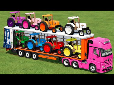 TRANSPORTING TOY DIY MINI COLORED TRACTORS WITH MERCEDES TRUCK ! Farming Simulator 22
