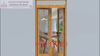 Cửa đi mở quay 2 cánh nhôm Xingfa Quảng Đông tem đỏ màu vẫn gỗ bản lề 3D