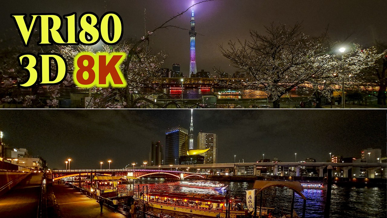 [ 8K 3D VR180 ] 「隅田公園の夜桜」ライトアップされた屋形船と東京スカイツリーのコラボ
