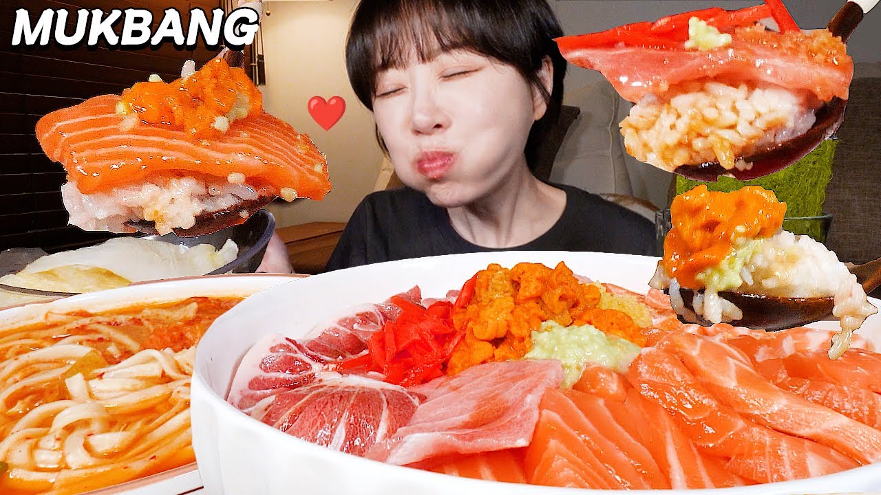 💗참치 대뱃살, 배꼽살, 생연어, 성게알 잔뜩 넣은 카이센동✨ 얼큰한 김치칼국수랑 먹방 Sashimi rice bowl, k