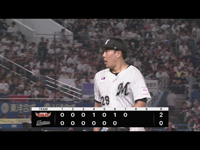 【7回表】最後は空振り三振!! マリーンズ・西野勇士 粘りの好投を見せ7回を投げ切る!! 2024年9月6日 千葉ロッテマリーンズ 対 東北楽天ゴールデンイーグルス
