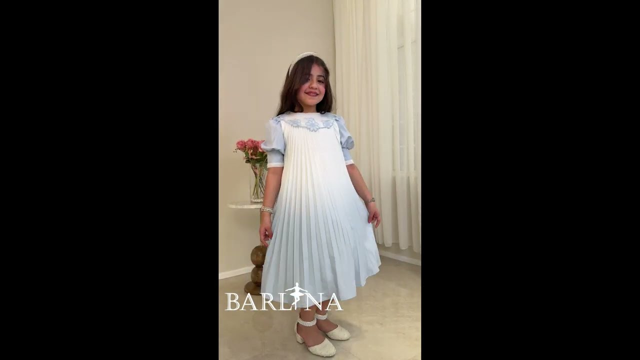 A soft, pleated girl's dress with embroidered flowers - light blue - 6 years