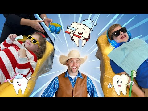 Fun dentist-themed scene with two kids in dental chairs and a smiling man in a cowboy hat in the center, cartoon teeth decorations everywhere