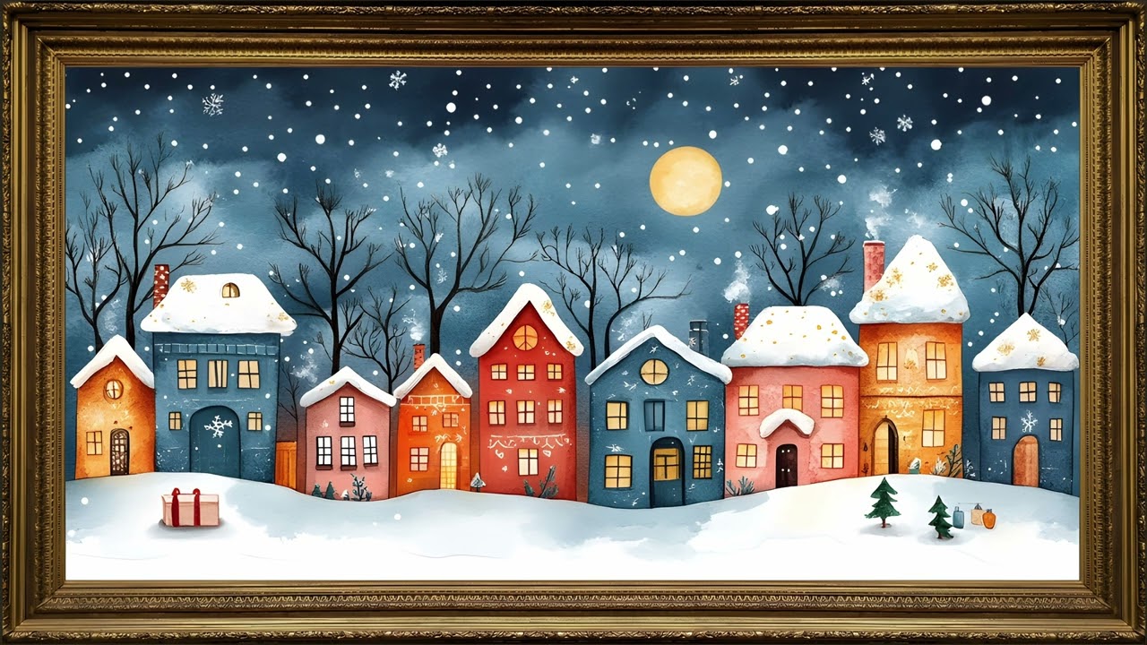 Snowy Christmas Village, Vintage Painting in 4K | Gold Framed TV Art Screensaver