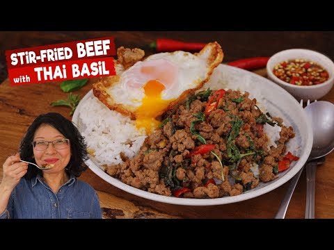 Stir-Fried Ground Beef With Chillies & Basil: Typical Thai Daily & Very Popular Street Food Dish