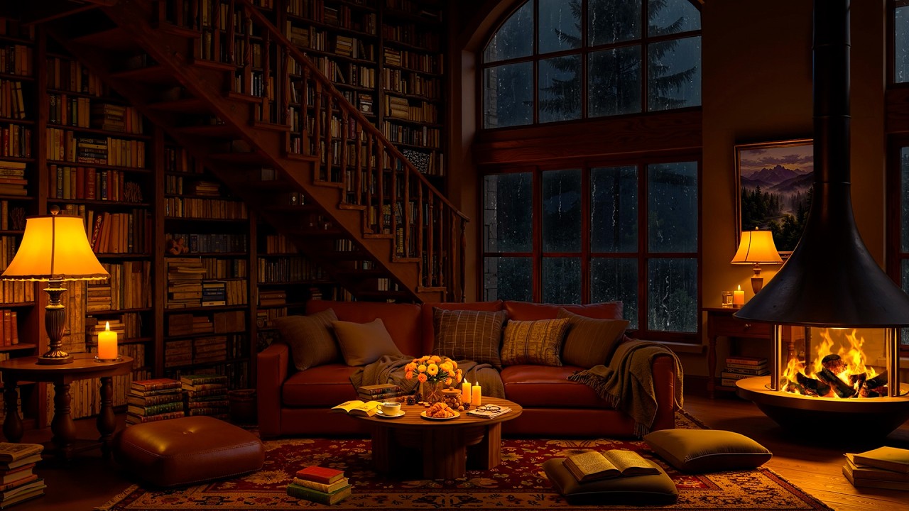 Cozy Reading Nook Ambience 🔥 Smooth Jazz with Heavy Rain & Fireplace Sounds for Relax, Study, Sleep