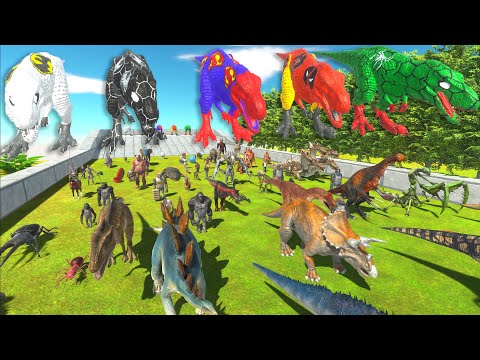 RACE TO ESCAPE FROM 5 T-REX MARVEL VS DC SUPERHEROS - Animal Revolt Battle Simulator