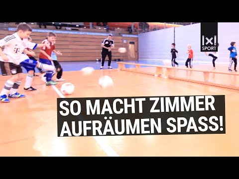 Spielerisch verschiedene Schusstechniken trainieren: Fussballübung "Zimmer aufräumen"