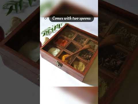 KALPAVRIKSHA Square Wooden Spice Box Organizer 9 Detachable Containers With