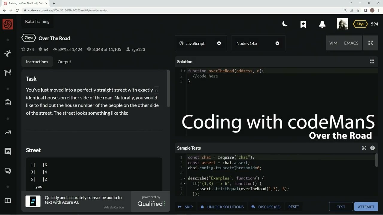 Codewars 7 kyu Over the Road JavaScript