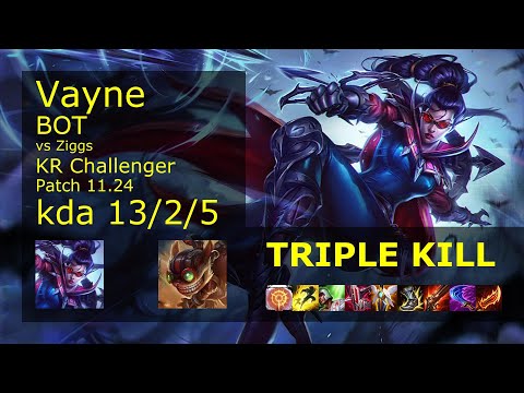 Vayne ADC & Karma vs Ziggs & Lulu - KR Challenger 13/2/5 Patch 11.24 Gameplay // [롤] 베인 vs 직스