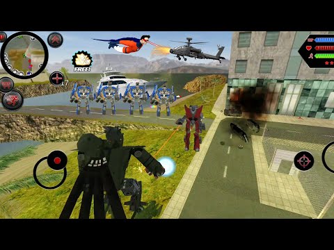 Robot Shark (Helicopter Robots Destroyer Red Car Robot) Robot Fight on Army Base Bridge - HD