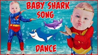 Baby Shark Song DANCE with Superman Baby and Wonder Woman Kid Songs Silly Big Head Babies Dancing