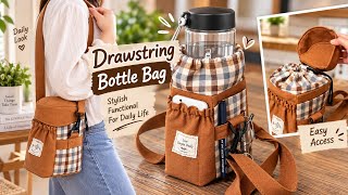 Drawstring Bottle Bag Sewing Tutorial | DIY Water Bottle Holder with Pockets | Easy Sewing Project