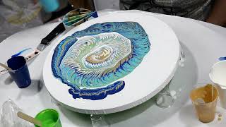 (878) Gorgeous Split Color Acrylic Pour with Blue, Green and Gold!