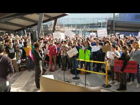 Sergey Brin and Sundar Pichai speaking at the No Ban No Wall rally at Google's HQ