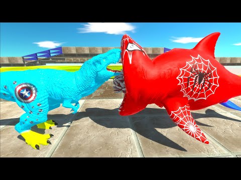 CAPTAIN AMERICA T-REX vs SPIDERMAN MEGALODON DEATH RUN -  Animal Revolt Battle Simulator
