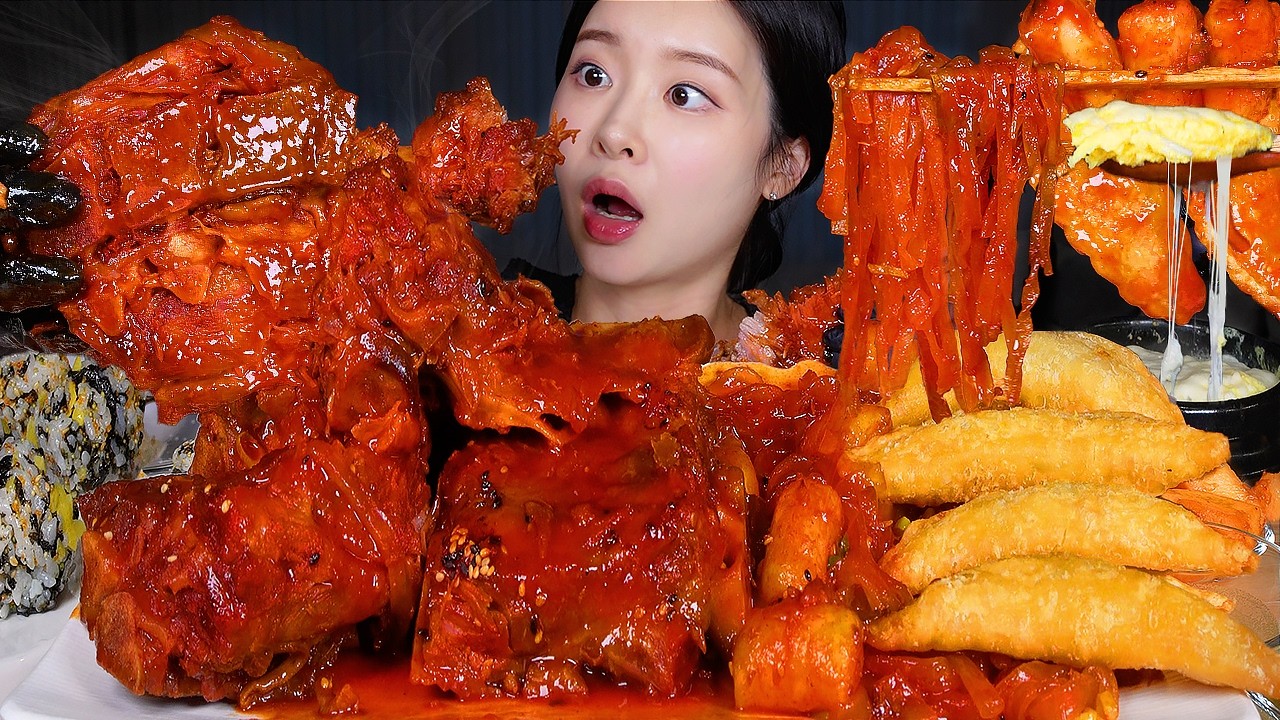 ASMR MUKBANG | 고자극 🔥 매운 뼈구이 먹방! 촉촉 꾸덕 당면사리 + 날치알주먹밥 +계란찜 Spicy Grilled Pork Ribs & 