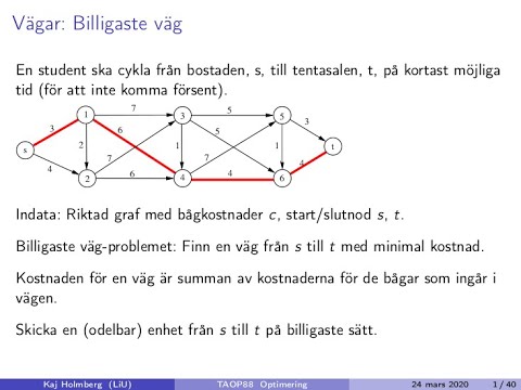 Optimering för ingenjörer, våren 2020, fö 7-1, intro till billigaste väg
