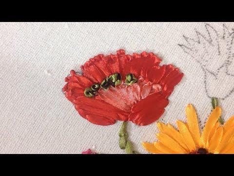 Hand Embroidery Poppy Flower With Ribbon Embroidery Sarbjit Embroidery Designs